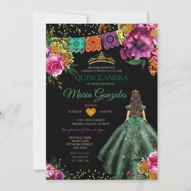 Emerald Green Mexican Quinceañera 16th Butterfly Invitation (Front)