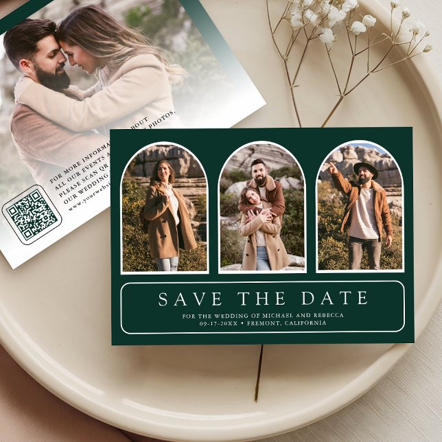 Emerald Green Minimal Arch Photo QR Code Wedding Save The Date (Creator Uploaded)