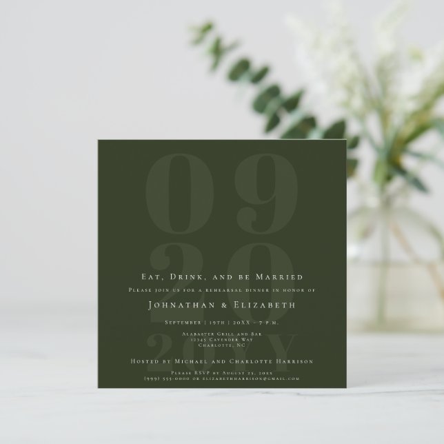 Emerald Green Minimal Bold Type Rehearsal Dinner Invitation (Standing Front)
