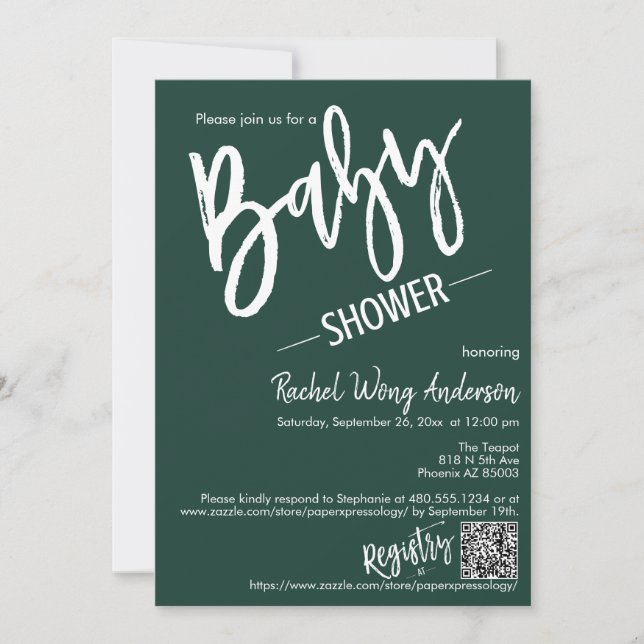 Emerald Green Minimal Script Baby Shower QR Code Invitation (Front)