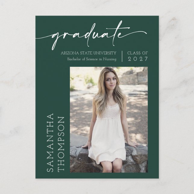 Emerald Green Minimal Script She Did It Photo Grad Postcard (Front)