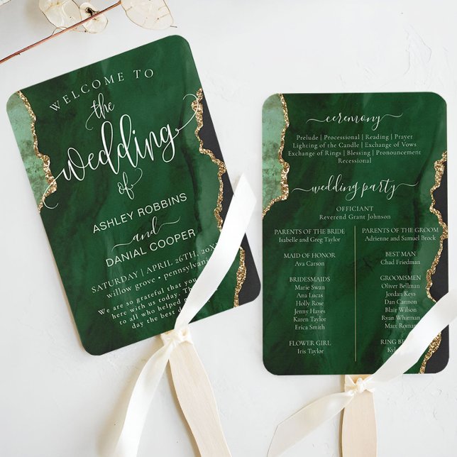 Emerald Green Minimal Wedding Program Hand Fan (Creator Uploaded)