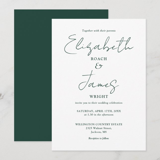 Emerald Green Minimalist Elegant Script Wedding Invitation (Front/Back)