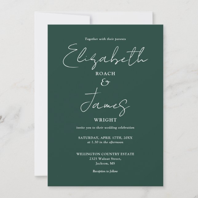 Emerald Green Minimalist Elegant Script Wedding Invitation (Front)