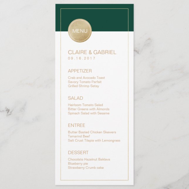 Emerald green minimalist modern wedding menu (Front)