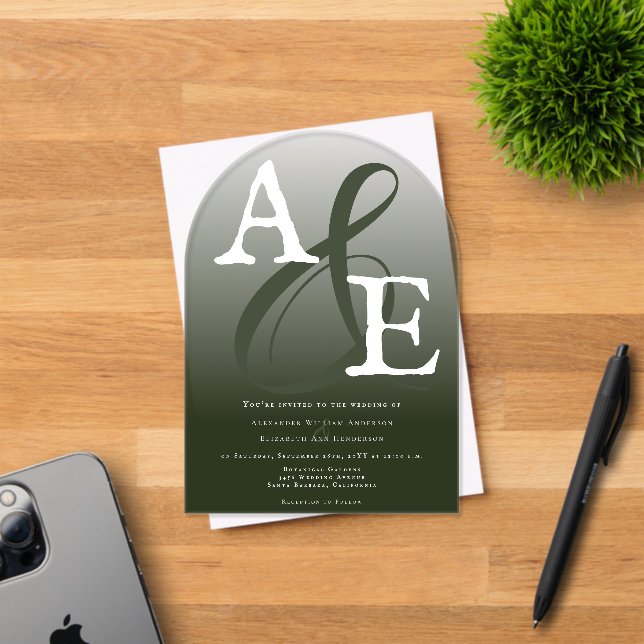 Emerald Green Minimalist Monogram Wedding Acrylic Invitations (Insitu (Invitation Card))