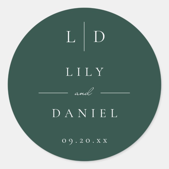 Emerald Green Minimalist Monogram Wedding Favor Classic Round Sticker (Front)