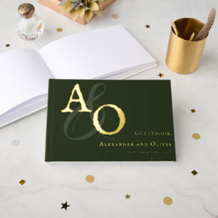 Emerald Green Minimalist Monogram Wedding Foil Guest Book