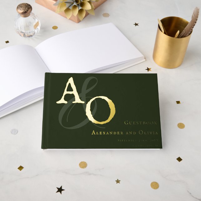 Emerald Green Minimalist Monogram Wedding Foil Guest Book (Front Open)