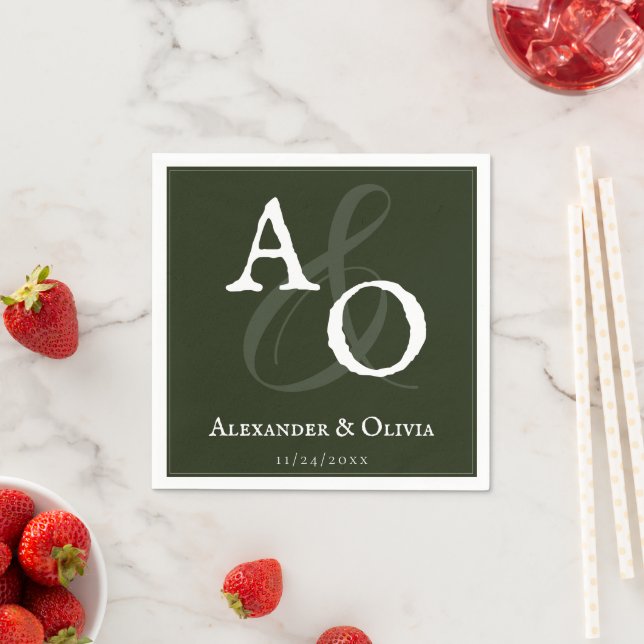 Emerald Green Minimalist Monogram Wedding Napkins (Insitu)