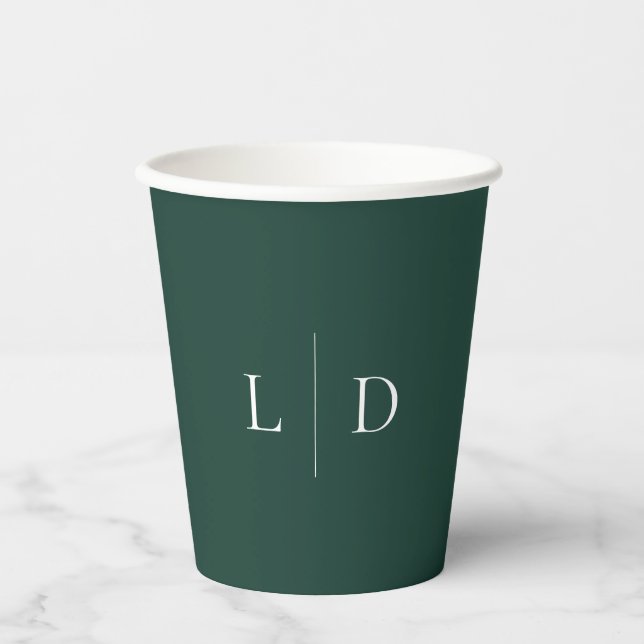 Emerald Green Minimalist Monogram Wedding Paper Cups (Front)