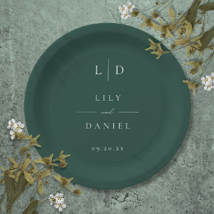 Emerald Green Minimalist Monogram Wedding Paper Plates