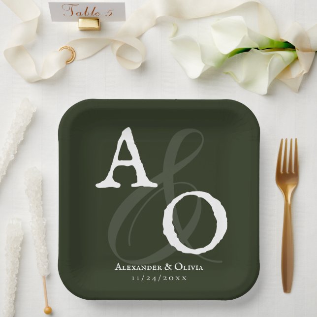Emerald Green Minimalist Monogram Wedding Paper Plates (Wedding)