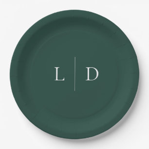 Emerald Green Minimalist Monogram Wedding Paper Plates