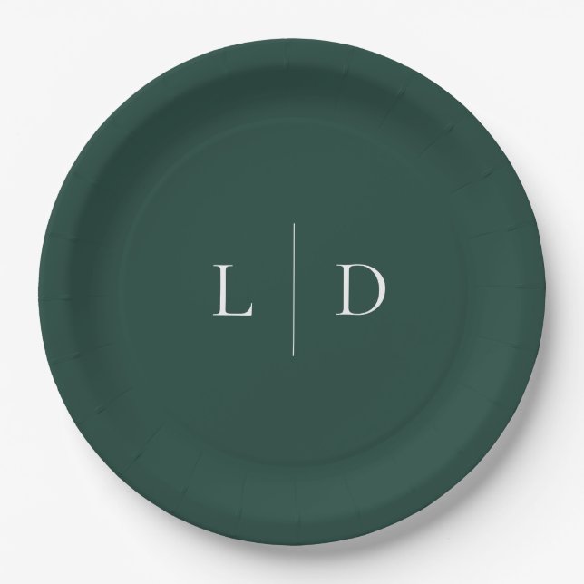 Emerald Green Minimalist Monogram Wedding Paper Plates (Front)