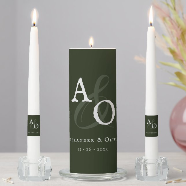 Emerald Green Minimalist Monogram Wedding Unity Candle Set (In Situ)