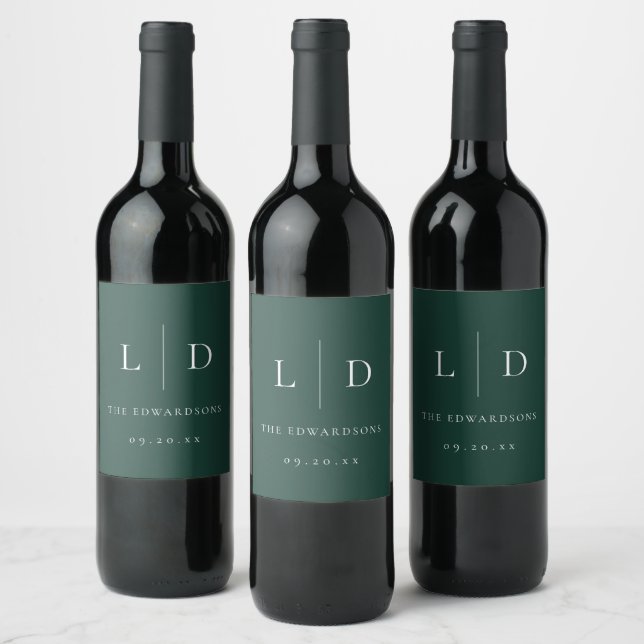 Emerald Green Minimalist Monogram Wedding Wine Label (Bottles)