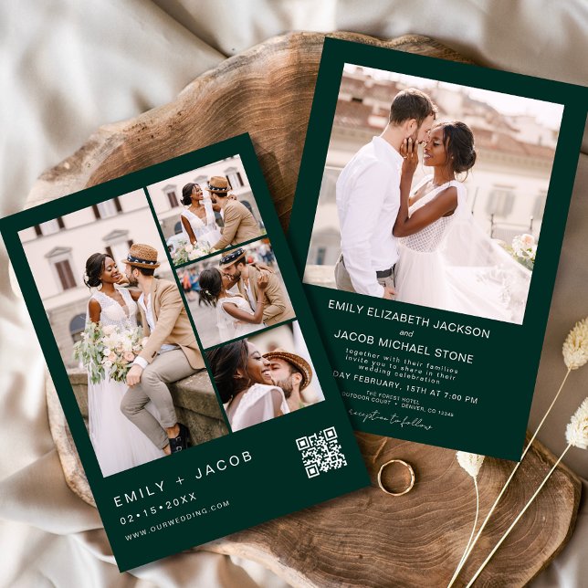 Emerald Green Minimalist Photo QR code Wedding Invitation (Creator Uploaded)
