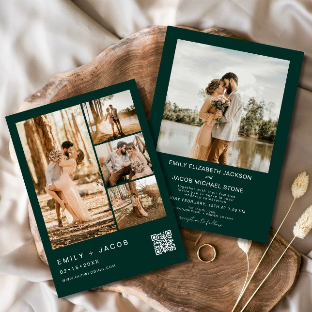 Emerald Green Minimalist Photo QR code Wedding Invitation (Creator Uploaded)