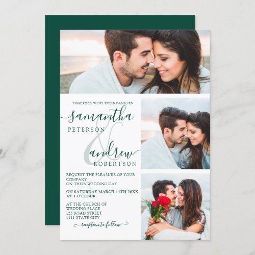 Emerald green minimalist script 3 photos wedding invitation