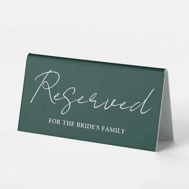 Emerald Green Minimalist Script Reserved Table Tent (Back)