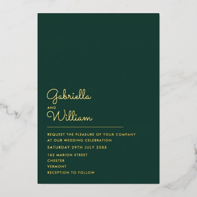 Emerald Green Minimalist Script Wedding Gold Foil Invitation (Front)