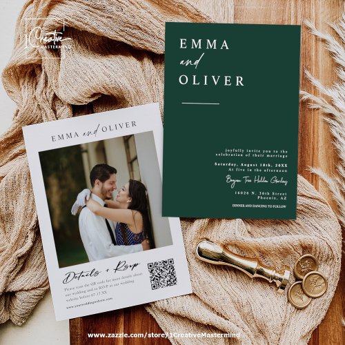 Emerald Green Minimalist Wedding Photo QR Code Invitation