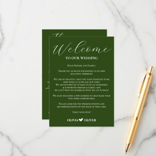 Emerald green minimalist wedding weekend itinerary enclosure card