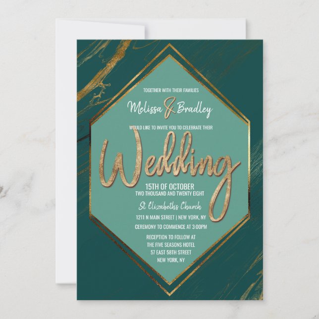 Emerald Green Mint Gold Geometric Marble Wedding Invitation (Front)