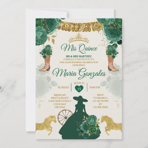 Emerald Green Mis Quince 15 Anos Gold Crown Invitation