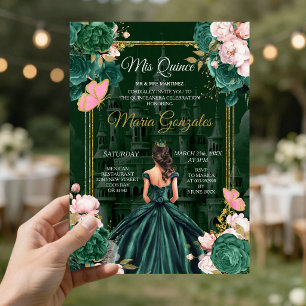 Emerald Green Mis Quince Floral Quinceañera Invitation