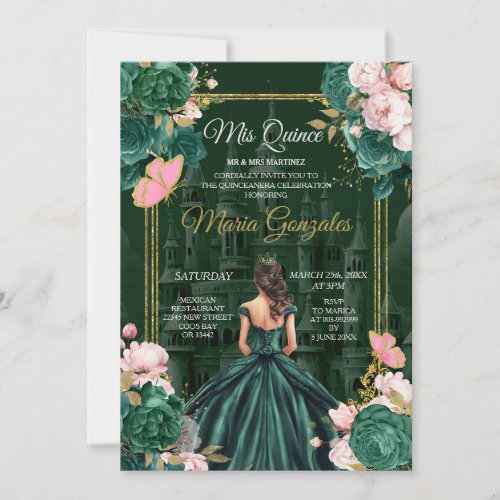 Emerald Green Mis Quince Floral Quinceaera Invitation