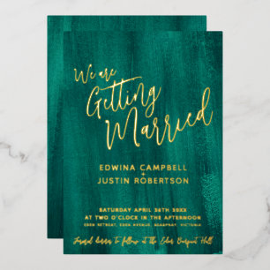 Emerald green modern abstract art painted wedding foil invitation
