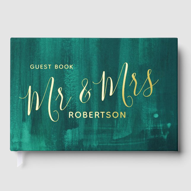 Emerald green modern art custom wedding  foil guest book  (Front)