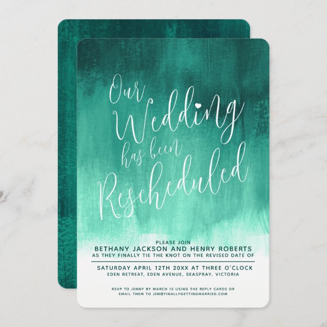 Emerald green modern art rescheduled wedding invitation (Front/Back)