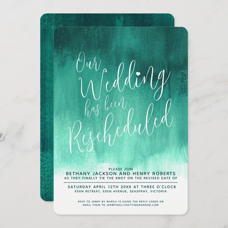 Emerald Green Modern Art Rescheduled Wedding Invitation Zazzle 