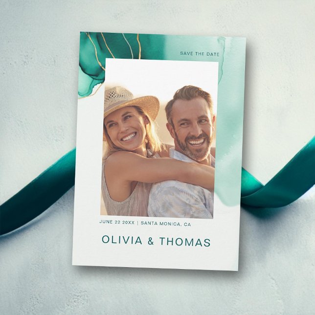Emerald Green Modern Beach Wedding Photo Save Date Invitation (emerald green gold modern summer beach wedding photo save the date elegant bohemian romantic boho)