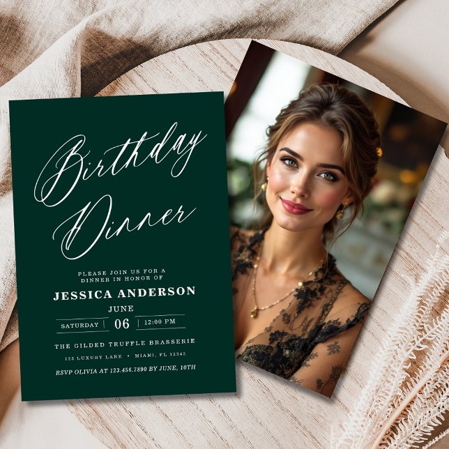 Emerald Green Modern Birthday Dinner Photo Invitation (Creator Uploaded)
