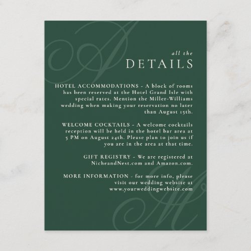 Emerald Green Modern Edge Elegant Monogram Details Enclosure Card