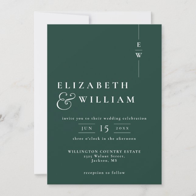 Emerald Green Modern Elegant Monogram Wedding Invitation (Front)