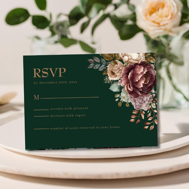 Emerald green Modern Floral Wedding RSVP Card (Creator Uploaded)