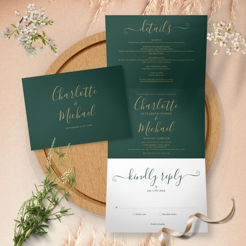 Emerald Green Modern Gold Script Monogram Wedding Tri_Fold Invitation