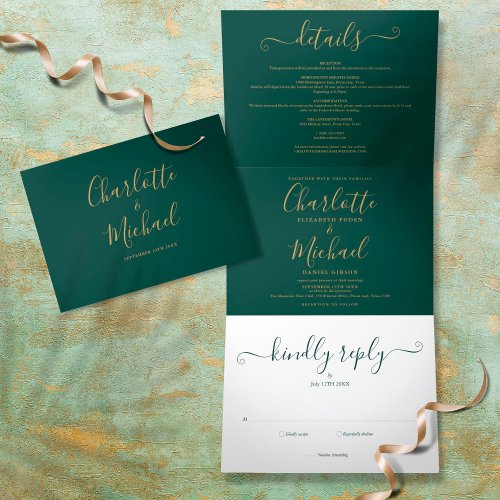 Emerald Green Modern Gold Script Photo Wedding Tri_Fold Invitation