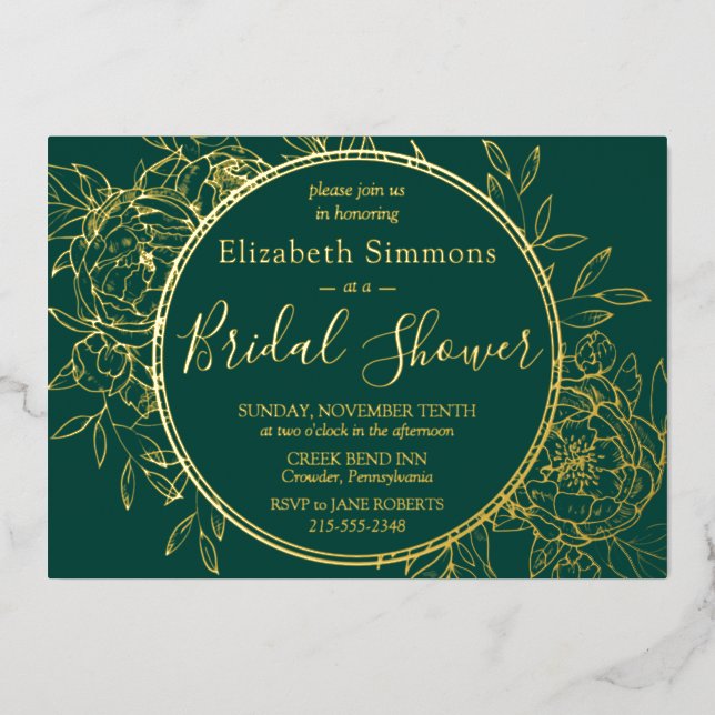 Emerald Green Modern Line Toile Bridal Shower Foil Invitation (Front)