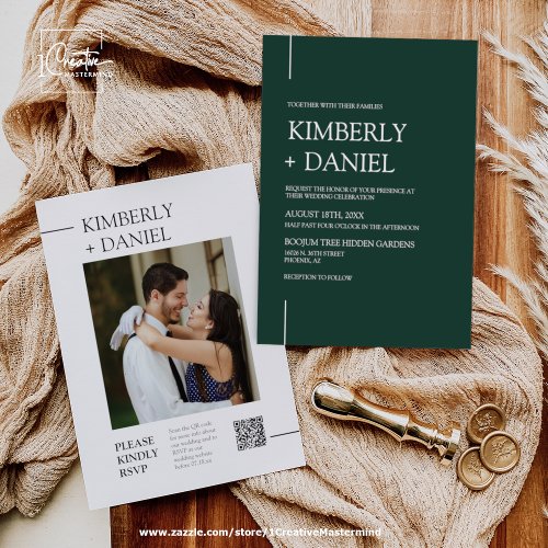 Emerald Green Modern Minimal Wedding QR Code Photo Invitation