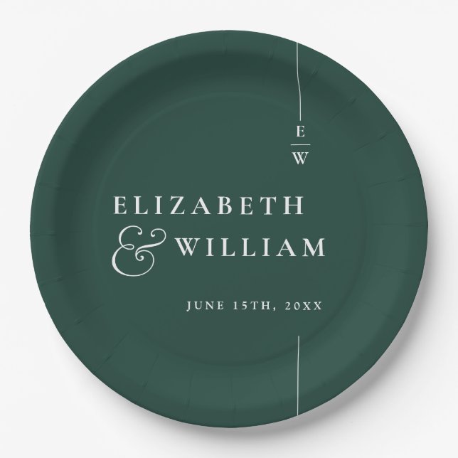Emerald Green Modern Minimalist Monogram Wedding Paper Plates (Front)