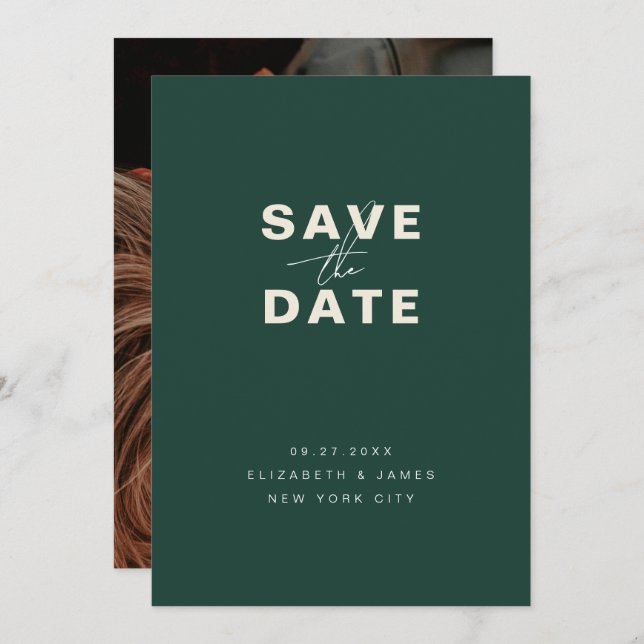 Emerald Green Modern Minimalist Save The Date (Front/Back)