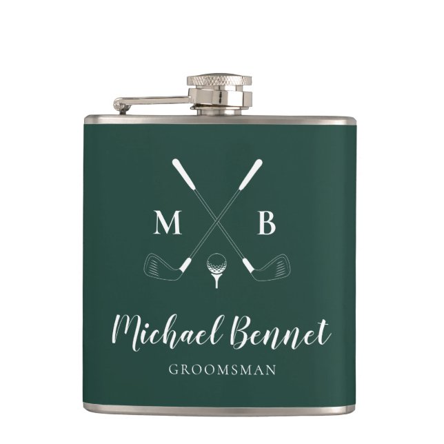 Emerald Green Modern Monogram Golf Wedding Flask (Front)