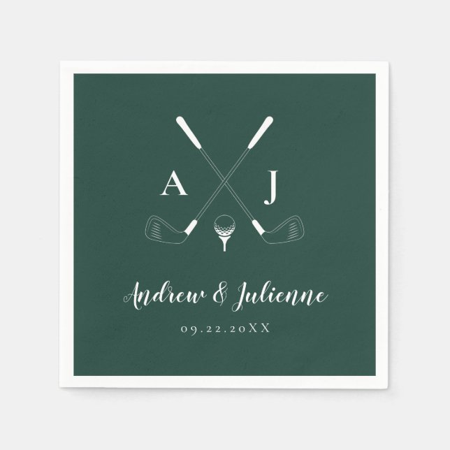 Emerald Green Modern Monogram Golf Wedding Napkins (Front)