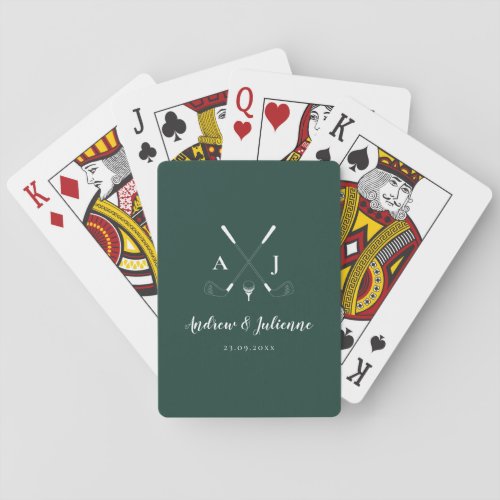Emerald Green Modern Monogram Golf Wedding Playing Cards